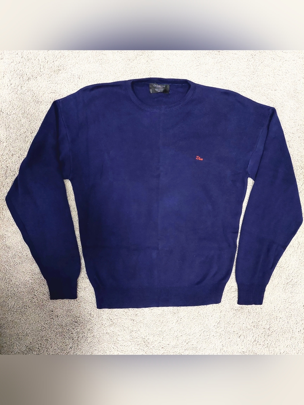 Christian Dior Monsieur Vintage Men's Sweater Indigo Blue Red Logo On Chest